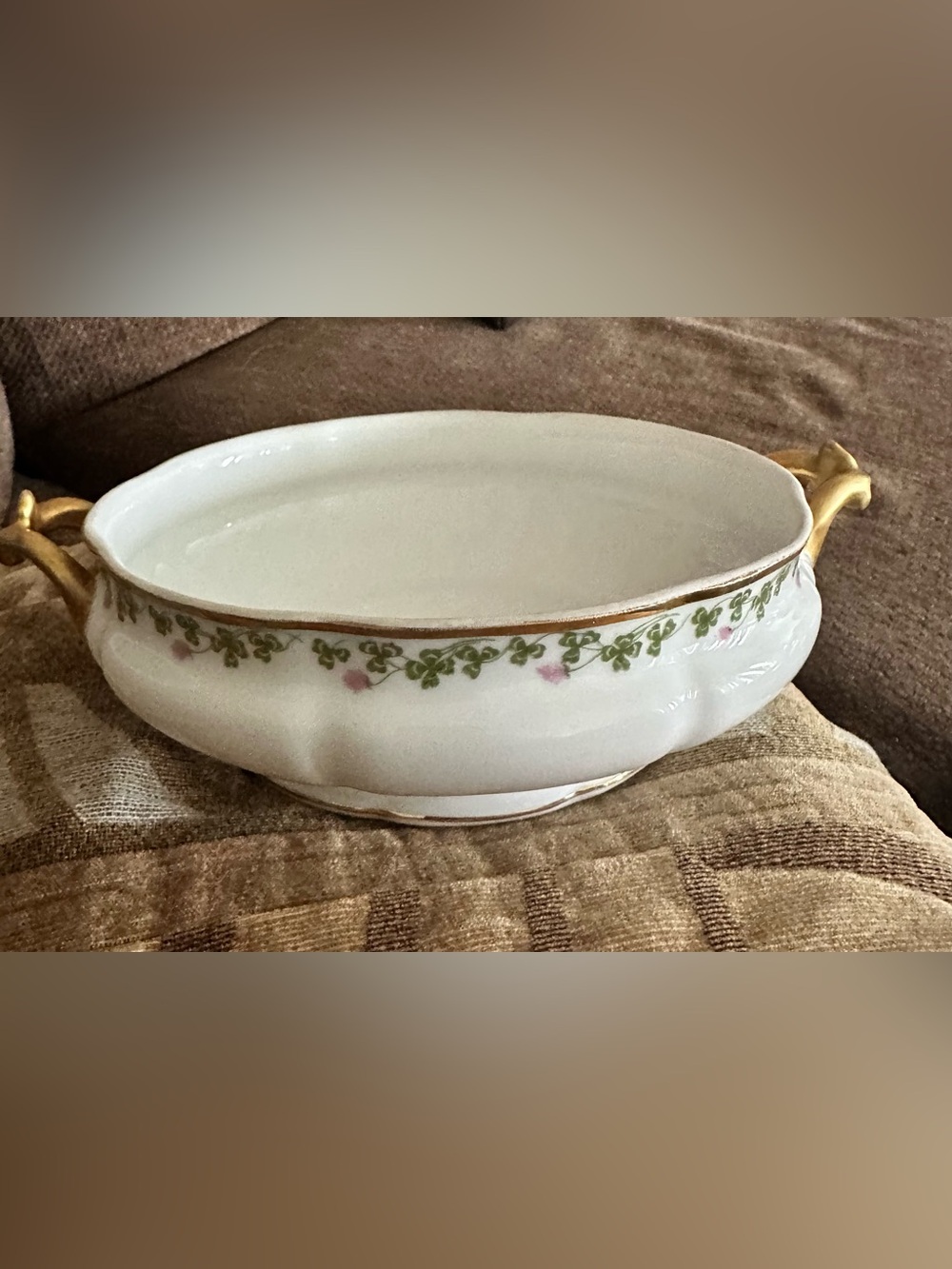 Antique Limoges Porcelain Serving Bowl with Gold Handles and Green Vine Detail
